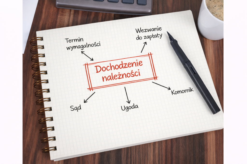 Schemat procesu dochodzenia należności od kontrahenta: termin wymagalności roszczenia, wezwanie do zapłaty, możliwość ugody, postępowanie sądowe oraz egzekucja komornicza.