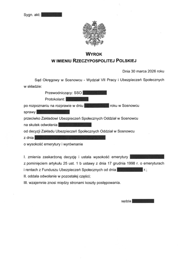 wyrok Sądu Okręgowego w Sosnowcu w sprawie przeliczenia emerytury po wyroku TK